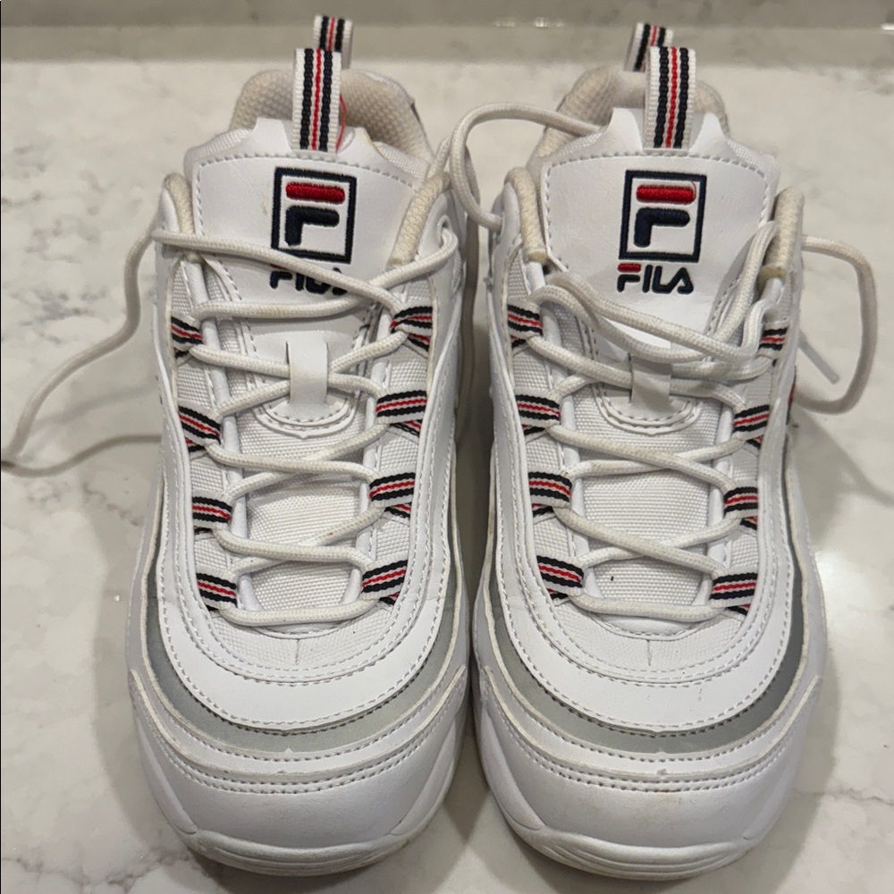 Youth Big Kid’s Fila Ray White Sneakers with Red and Navy Details